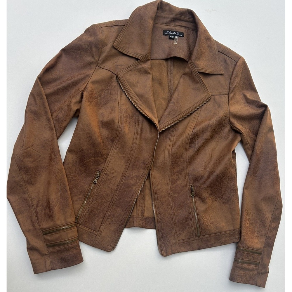 Charlie B Faux Leather Moto Jacket Edgy Mob Wife Utility Chic Brown Size M